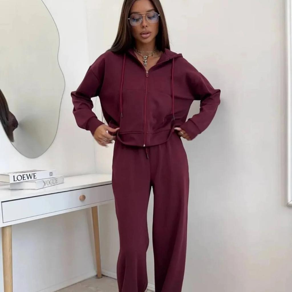 VAYLA Y2K Sportswear Women's Solid Color Long Sleeve Zippered Cardigan Hooded Sweatshirt Lace-up Trousers Two-piece Set