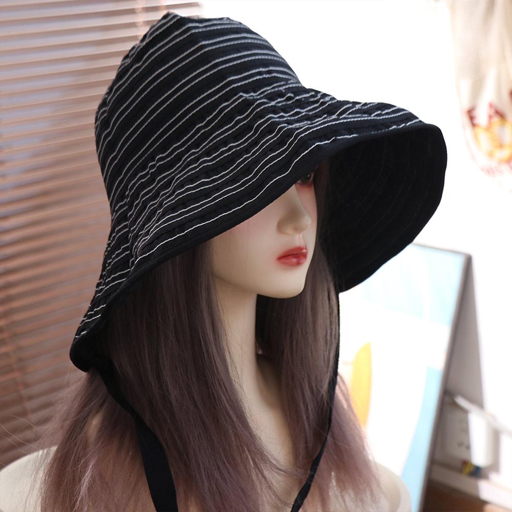 Solid Color Women Striped Fisherman Hat Ribbon Sunshade Hat Casual Bucket Hat  Beach