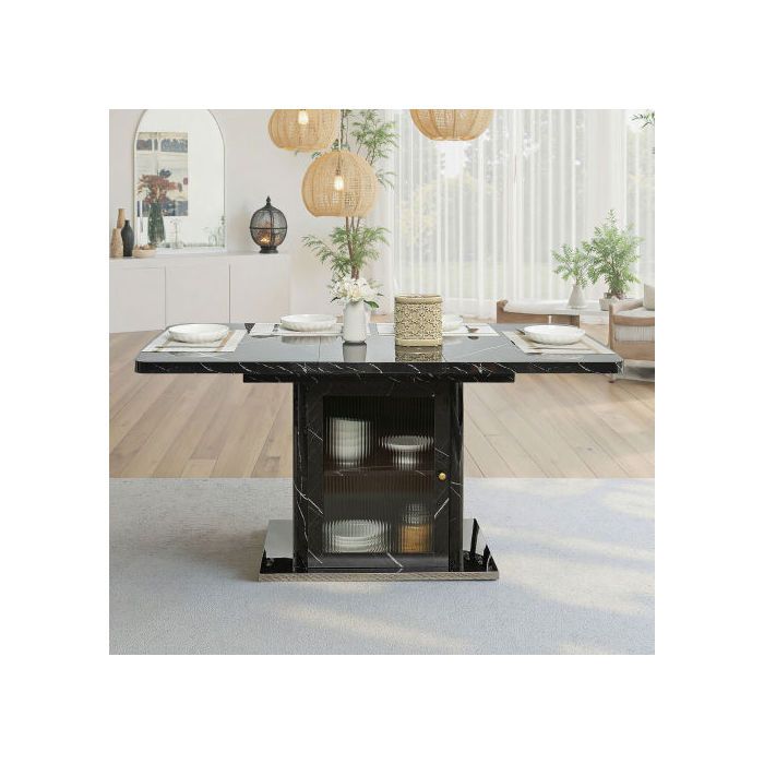 Ausziehbarer Esstisch - MUVOE - Rechteckig - Tischplatte aus schwarzem Marmor - Integrierte Aufbewahrung - 120-160 cm