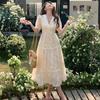 New Summer Fashionable Floral Embroidered Patchwork V-Neck Short-Sleeve Fitted Slimming Midi Dress Women's Holiday Vestidos