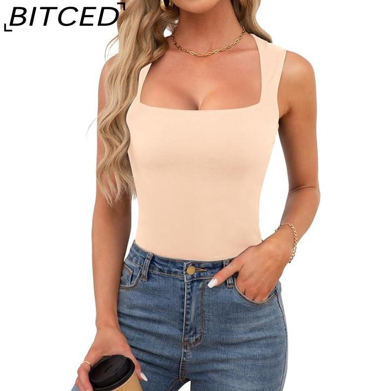 BITCED Women's Summer Square Neck Sleeveless Double-Layer Tank Top Basic Fitted T-Shirt