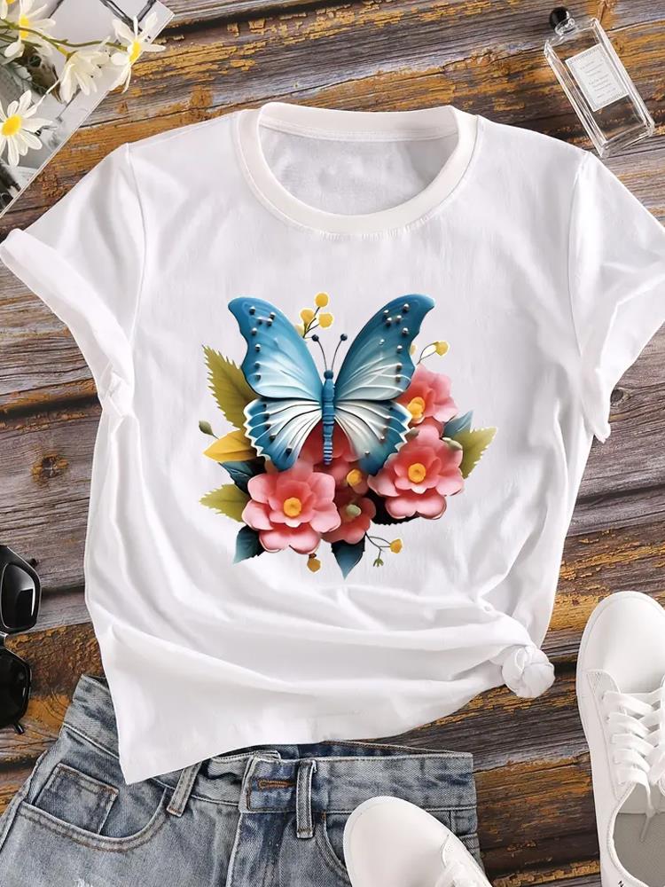 (Asian Size) Printed Female Top T Shirt letter flower Clothing Lady o-neck Short Sleeve T-shirts Casual Fashion Women Graphic Tee