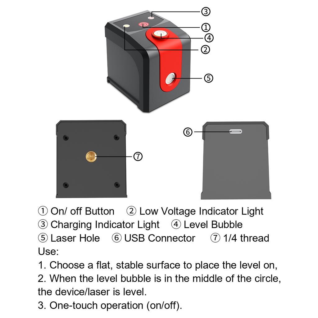 Portable Self-Leveling Laser Level with Rechargeable Battery, Type-C Charging, 2 Lines, ±4.5mm/3 Meter Accuracy, IP54 Waterproof