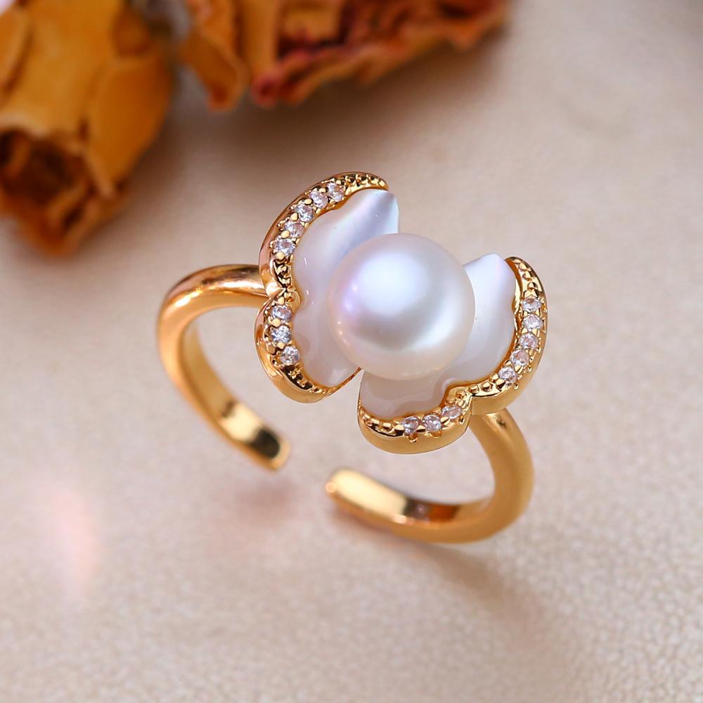 seniko Doğal tatlı su incisi yüzükler kadınlar için moda kadın kübik zirkonya CZ çiçek yüzük inci takı ayarlanabilir yüzük