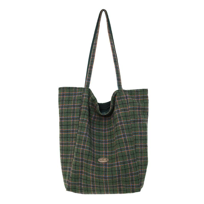 Plaid canvas bag women's autumn and winter new tote bag casual large capacity portable shoulder cloth bag lazy wind