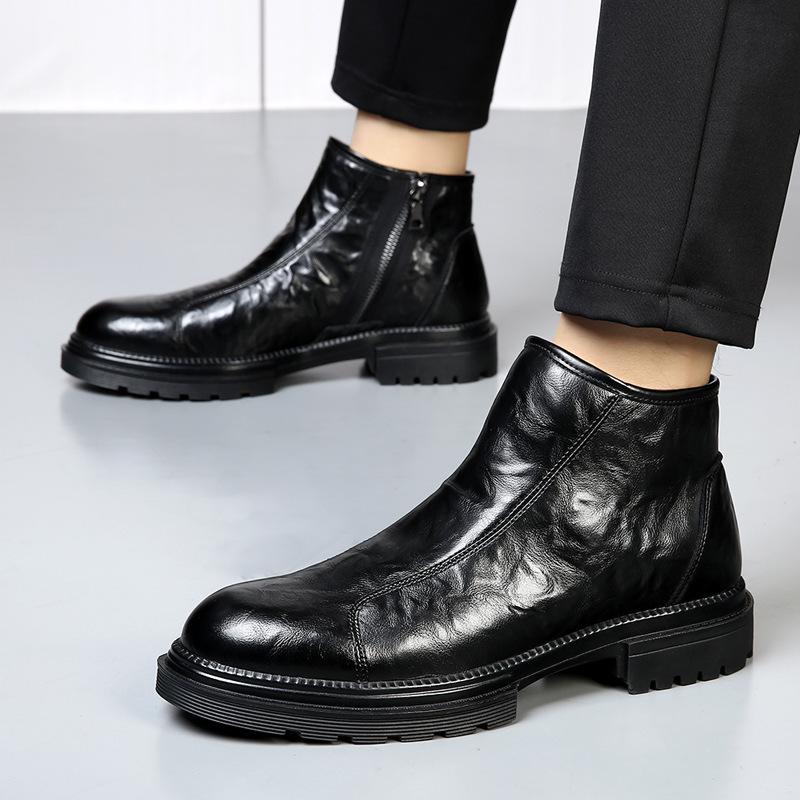 Martin Boots Men's Velvet Retro Chelsea Boots Big Head Tooling Boots British Platform Locomotive Boots Leather Mid-top Men's Shoes