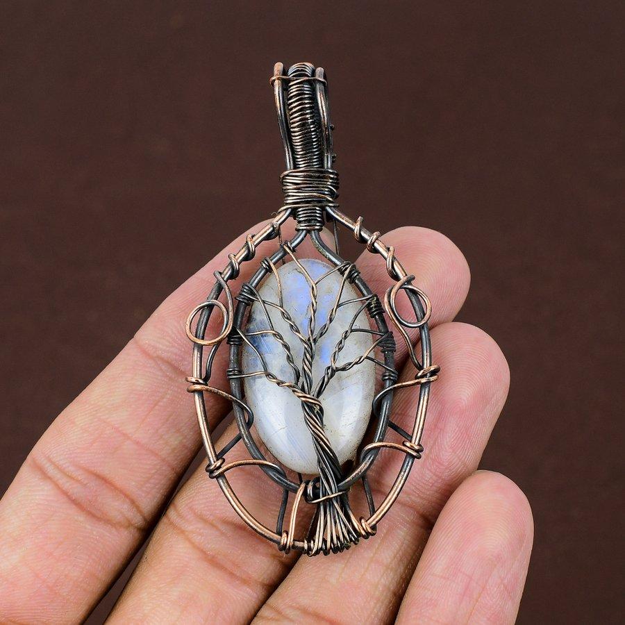 Natural Bumblebee Jasper, Moonstone Gemstone Copper Wire Wrap Pendant 2.96" P9T69