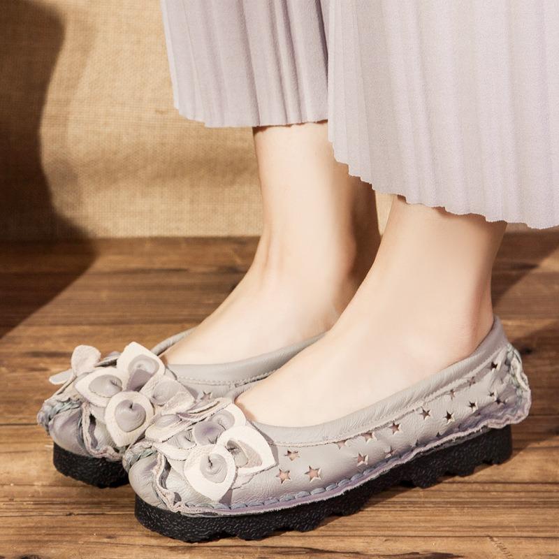 Cowhide women's shoes soft sole shallow mouth flat heels comfortable mother shoes flower single shoes round head middle heel Doudou shoes
