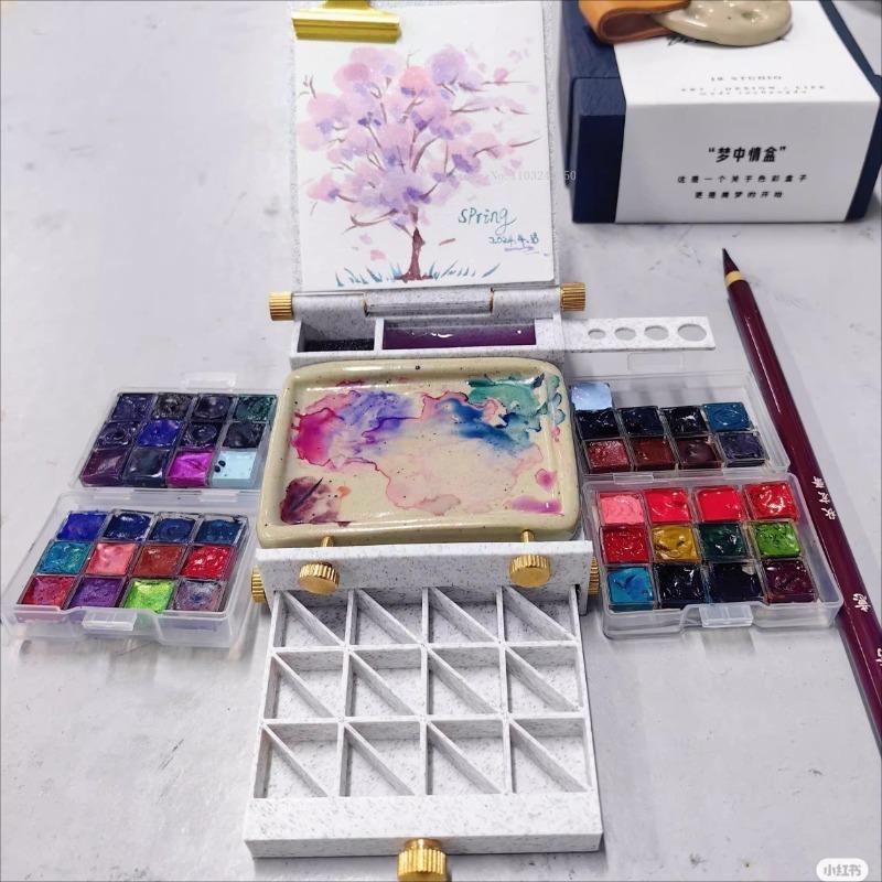 24 Color Mini Watercolor Paint Empty Box Portable Folding Art Tool Outdoor Sketching Handcrafted Drawing Board Palette Supplies