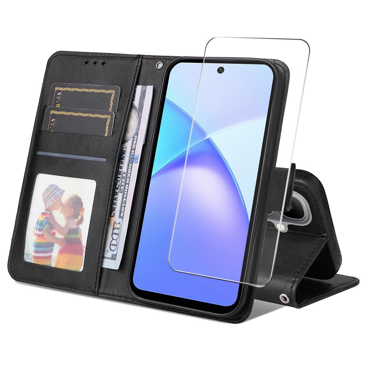 

For TECNO Pop 10/Infinix Smart 10 PU Leather Wallet Case Phone Stand Cover with Tempered Glass Black