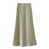 Qooth Women Solid Color Acetate Satin Bodycon Skirt Calf Length Elegant High Waist Shiny Skirt For Spring Summer QT2062