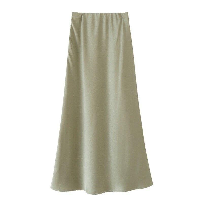 Qooth Women Solid Color Acetate Satin Bodycon Skirt Calf Length Elegant High Waist Shiny Skirt For Spring Summer QT2062