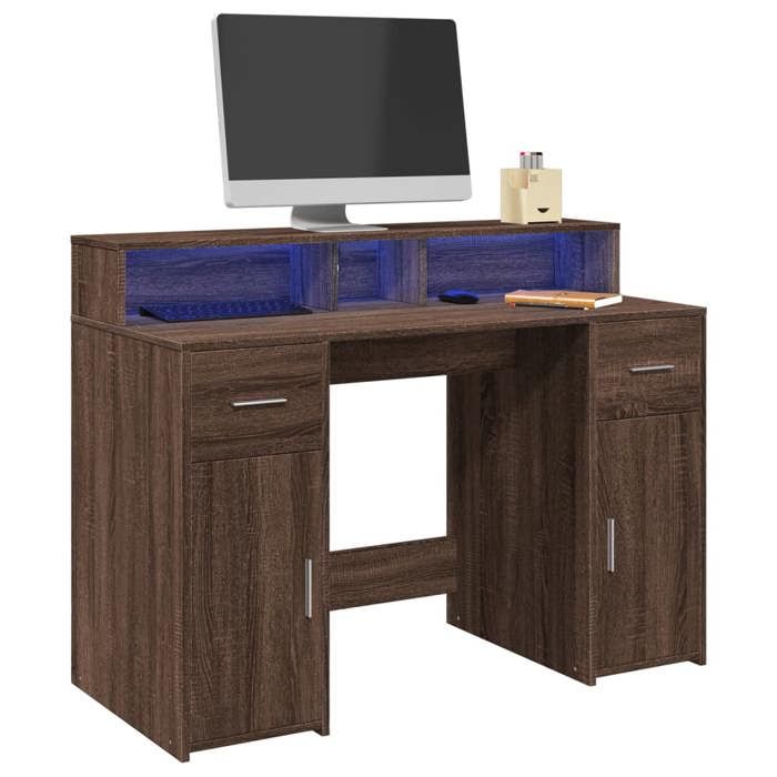 VidaXL Desk and LED Lights Brown Oak Engineered Wood, Work Desk, Study Desk, Home Office Desk, Desk 3309417