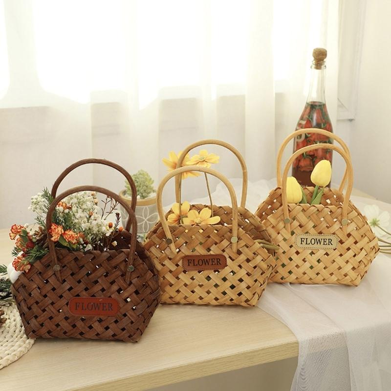 Hand-Woven Wood Flower Basket for Teacher's Day and Mother Day Online Celebrity Posing Props Portable Gift Basket