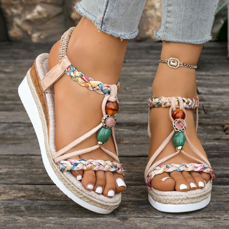 Fashion Roman Sandals Women Fashion Round Head Open Toe Matching Color Beaded Soft Sole Anti-slip Wear-resistant Large Size Wedge Shoes