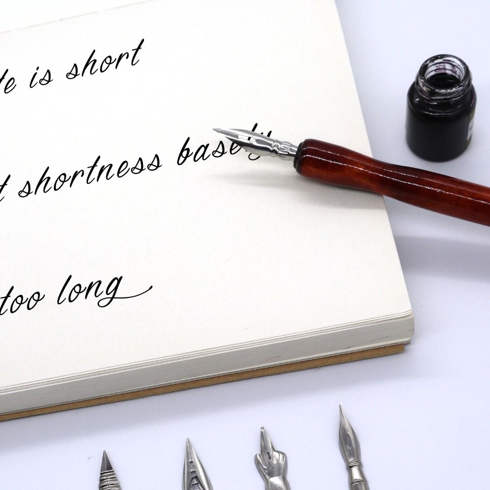 1pcs Stainless Steel Tip Calligraphy Pen Wooden Rod Signature Pen Multi-functional Dip Pen Students