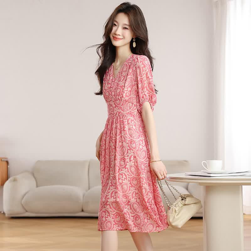 La Chapelle Pink Floral A-Line Chiffon Dress