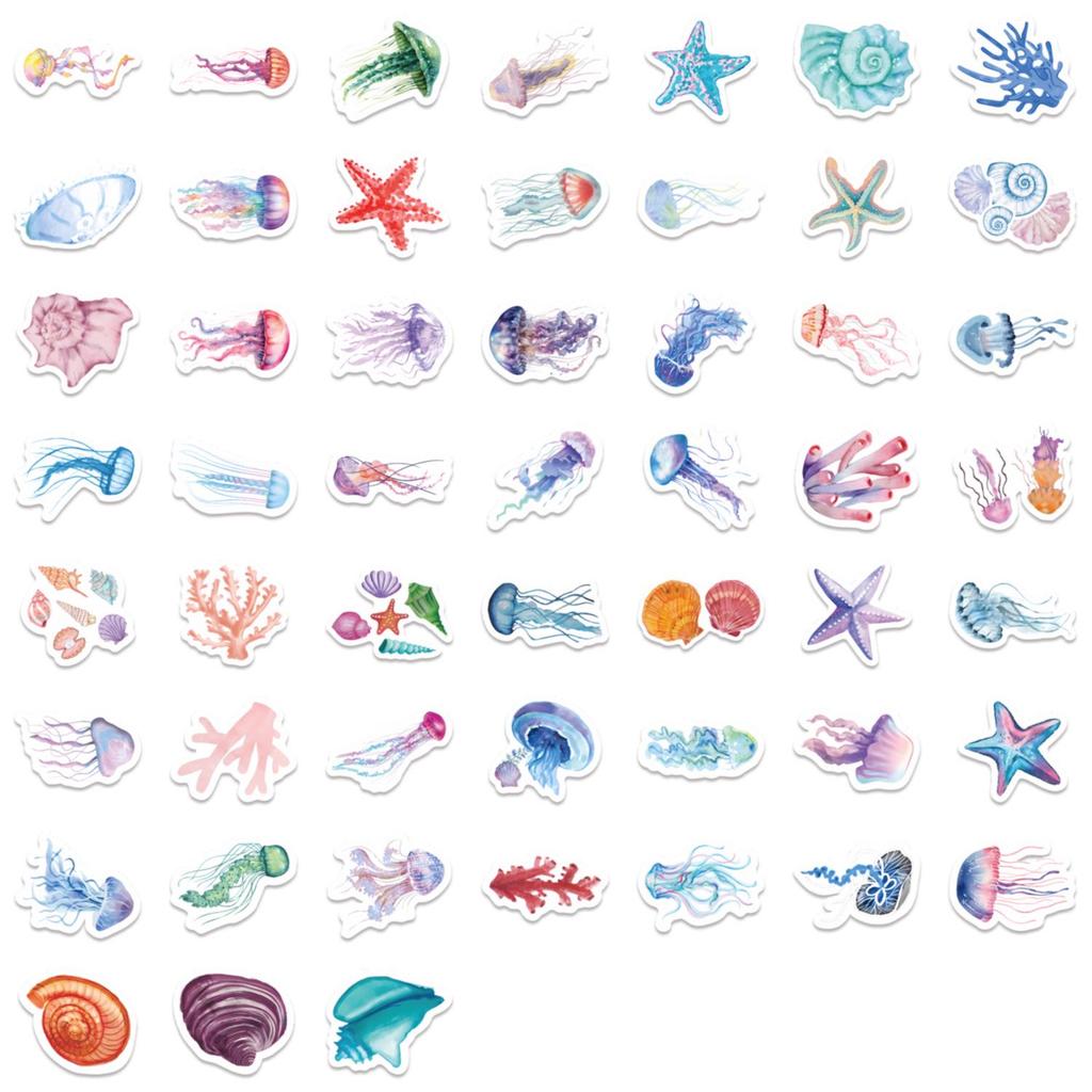 50 Waterproof Marine Life Art Stickers: Cartoon Style for Water Bottles, Laptops, and Suitcases