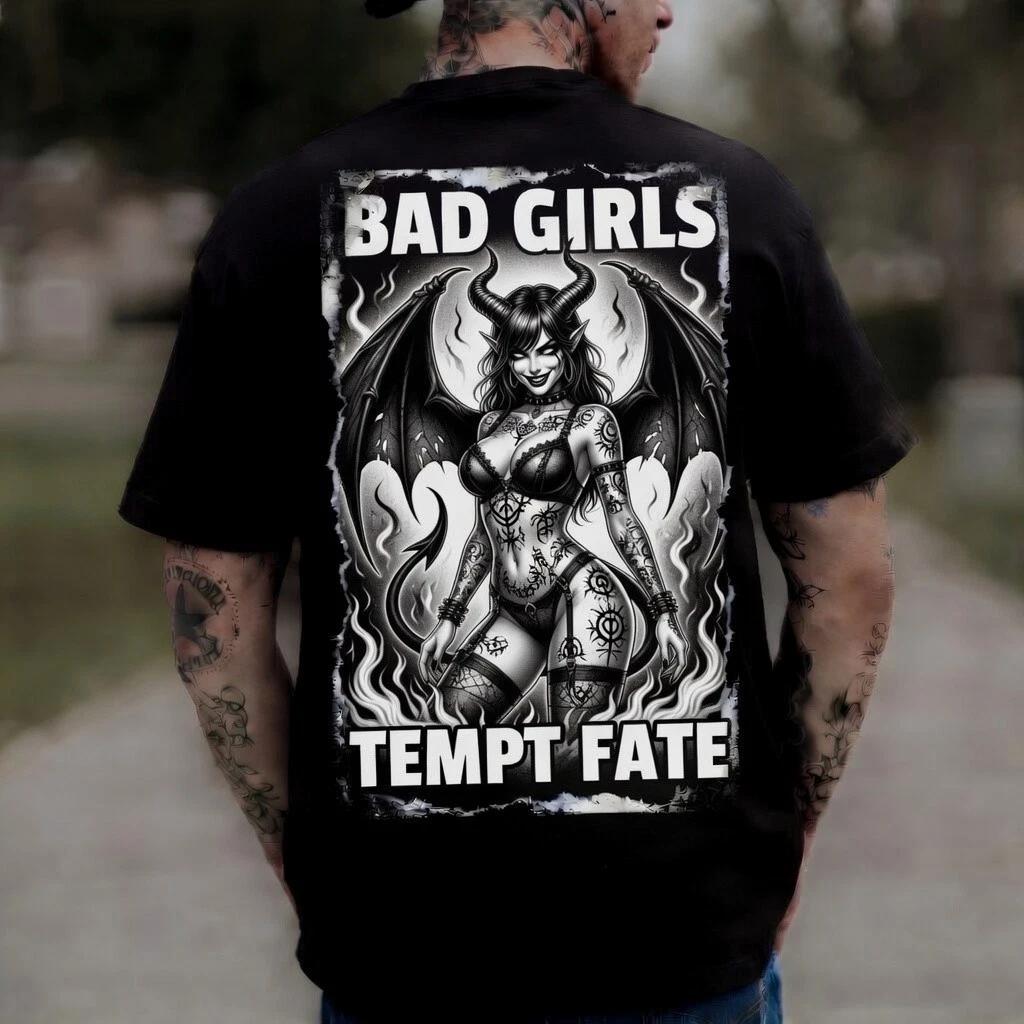 Bad Girls Tempt Fate Black Graphic T-Shirt Demon Tattoo Edgy Tee M
