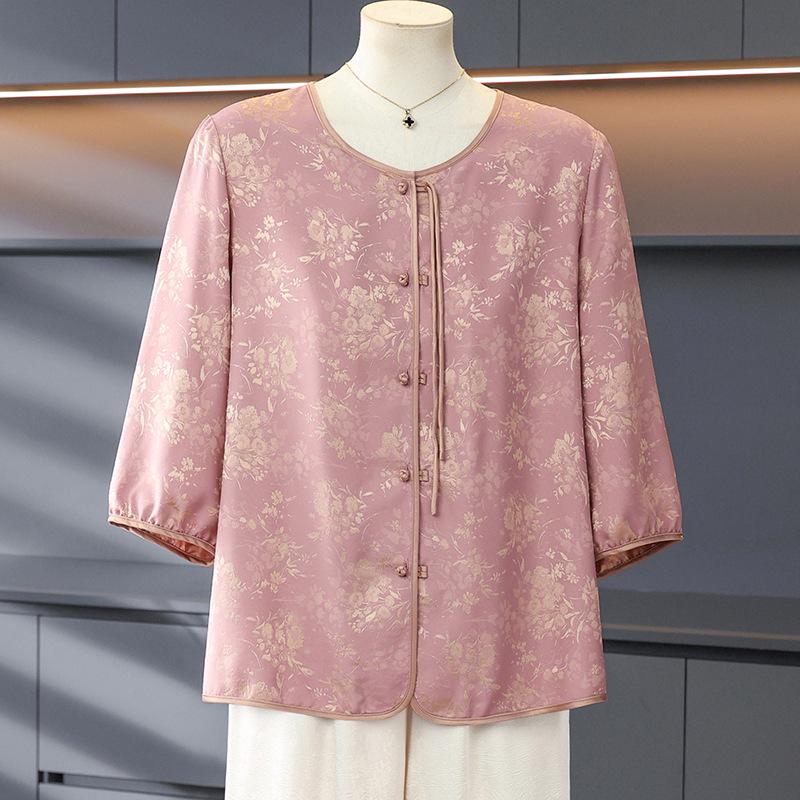 New Chinese Style Seven-Sleeve Top for Women - Summer Plus Size Shirt for Middle-Aged and Elderly