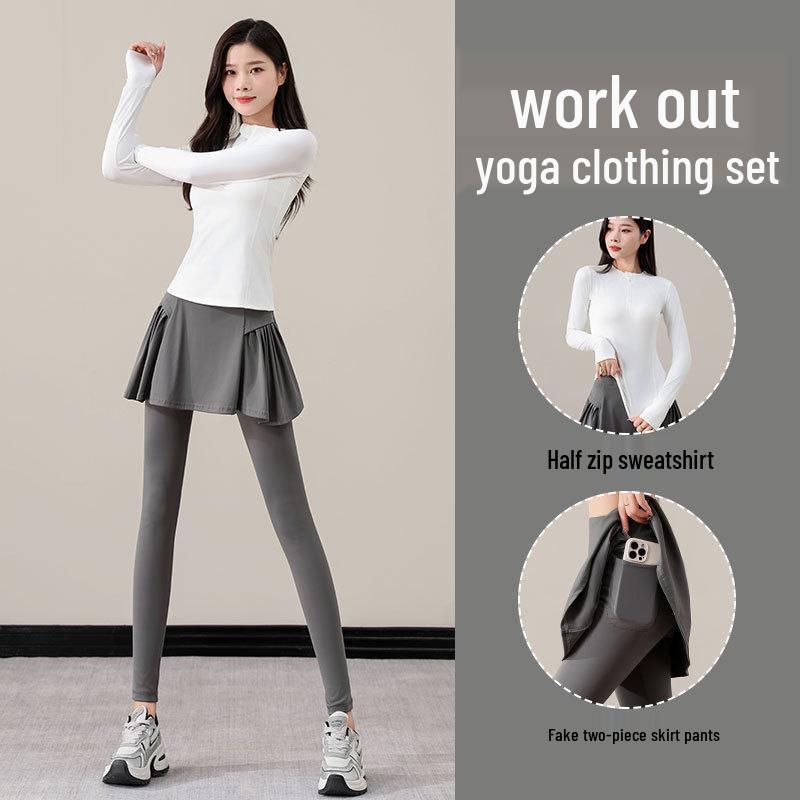 Women's Autumn Activewear Set: Long Sleeve Yoga Top & Tennis Skirt Pants Two-Piece Fitness Outfit