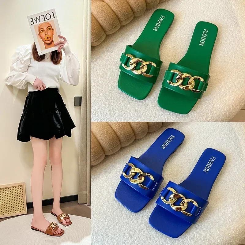 Summer Fashion Modern Slippers Women Flat Pleated Solid Leather Chain Decoration Rubber Sole Sexy Slides Ladies Summer Footwear