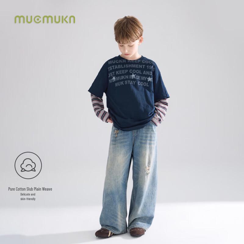 Mucmukn Boys' American Retro Fake Two-Piece Long Sleeve Cotton T-Shirt