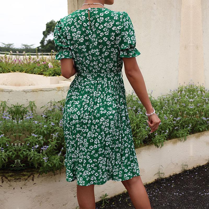 Mode Damen Sommer Schnüren Grün Plissee Kleider Chic Bequem und Vielseitig Temperament Elegante Casual Damen Kleidung Sanfte Dame Kleid