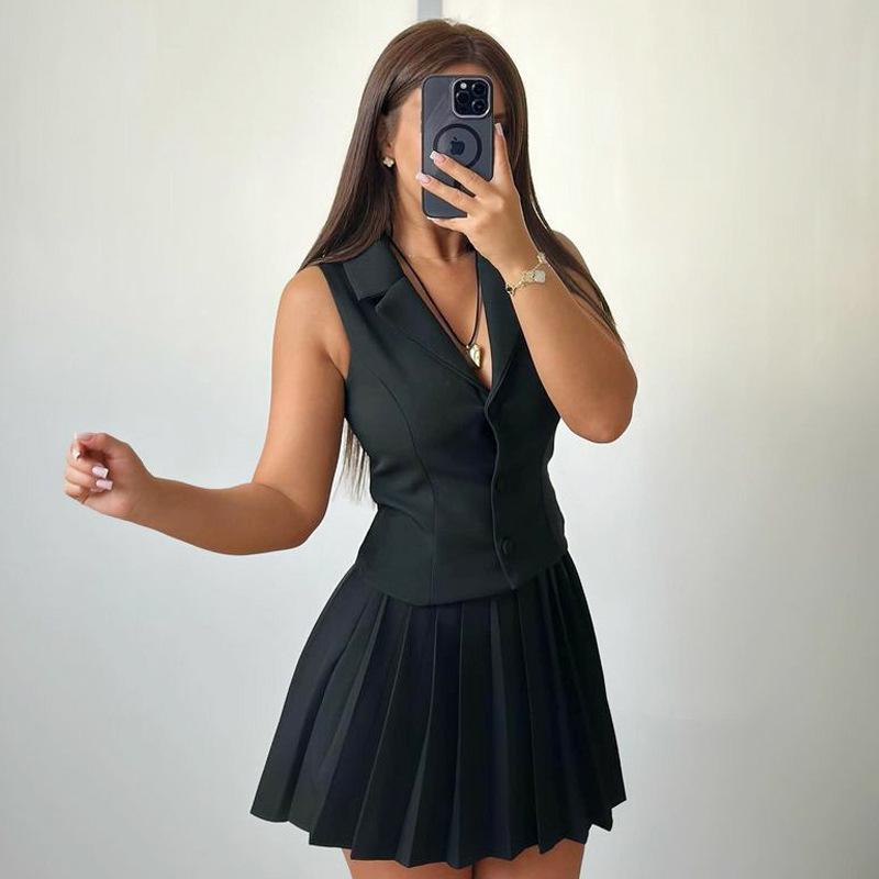 African Spring/summer New European and American Set, Sleeveless Suit for Women, Vest Midi Skirt, European and American Pleated Short Two-piece Summer