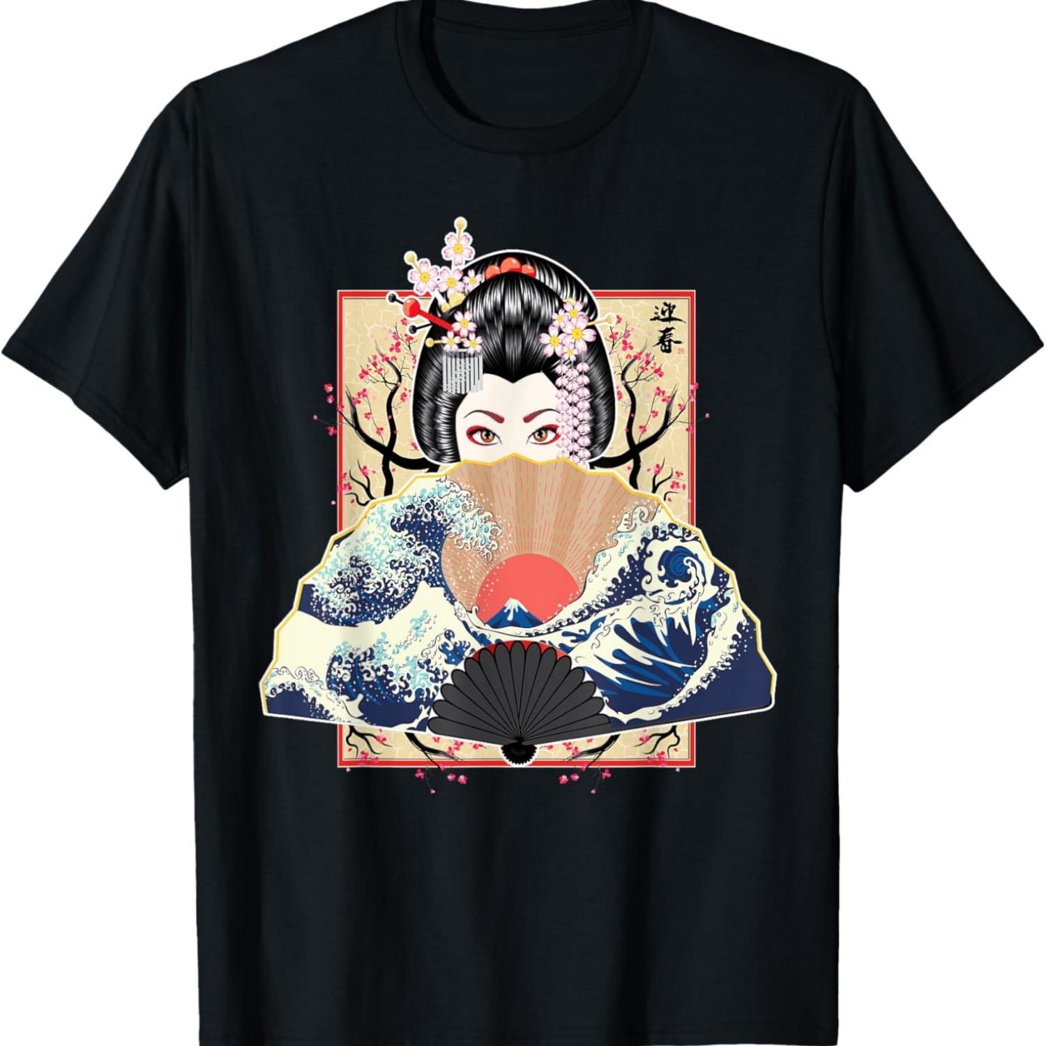 Geisha Girl & Wave Vintage Sakura Cherry Blossom T-Shirt S чёрный
