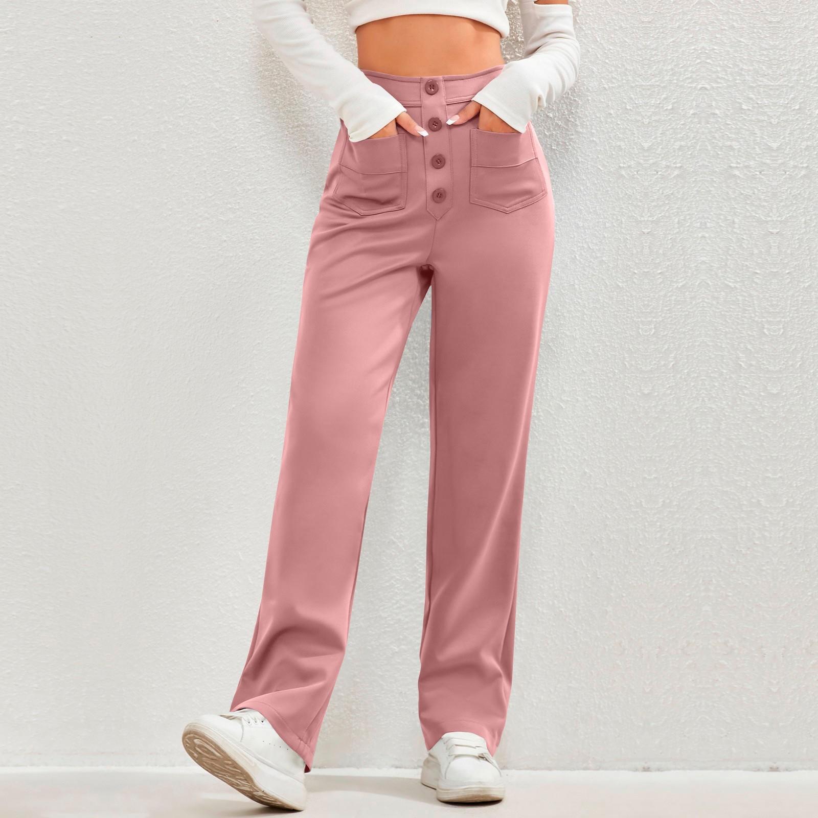 

Женские повседневные прямые брюки с высокой талией и пуговицами, эластичные деловые рабочие брюки с несколькими карманами M розовый