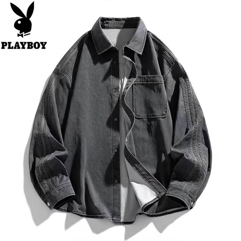 PLAYBOY Men's Washed Casual Long Sleeve Shirt