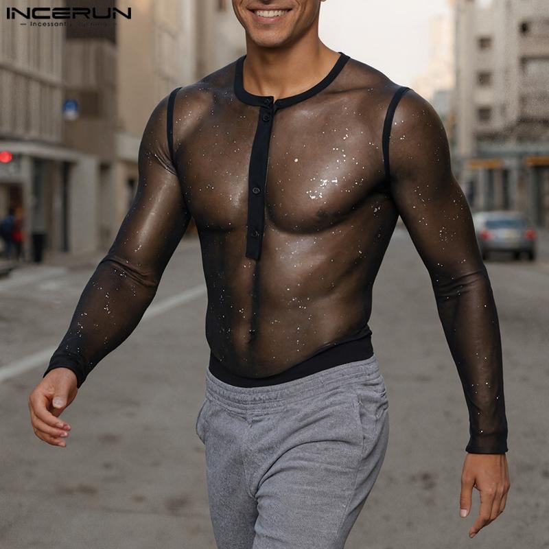 INCERUN Herren Rundhals Langarm Hotfix Strass Mesh Transparent Figurbetont Party T-Shirts