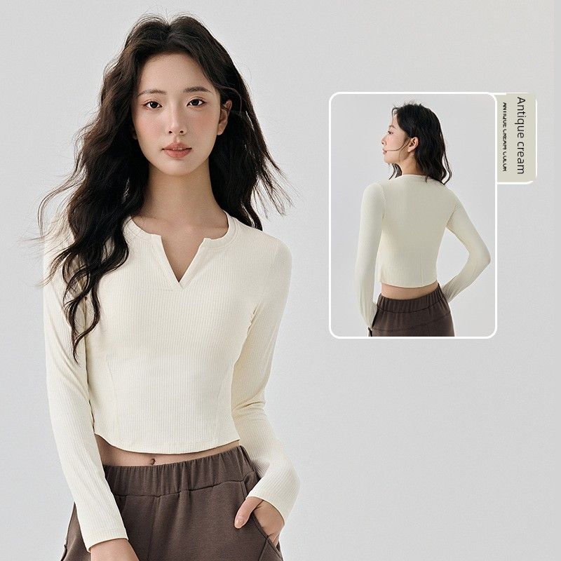 Lu Same Yoga Clothes Long Sleeves Women's Fixed Cup Rib Silm Slim Looking Sports T-Shirt Fitness Pilates Training Wear