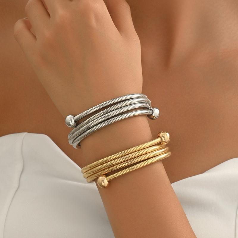 Stainless Steel Gold-Plated Fashion Three-Layer Spiral Round Bracelet for Women Men High-Quality Rock Party Jewelry Accessories