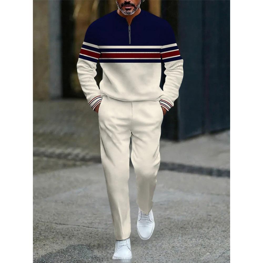 Frühling Herbst Mode Streetwear Herren Langarm Halbreißverschluss Stehkragen Lässige Sportbekleidung Herrenbekleidung Zweiteiliges Set