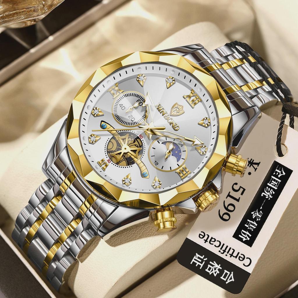 BINBOND Luxury Men Watch Top Original Waterproof Luminous Chronograph Man Wristwatch Stainless Steel Quartz Watches