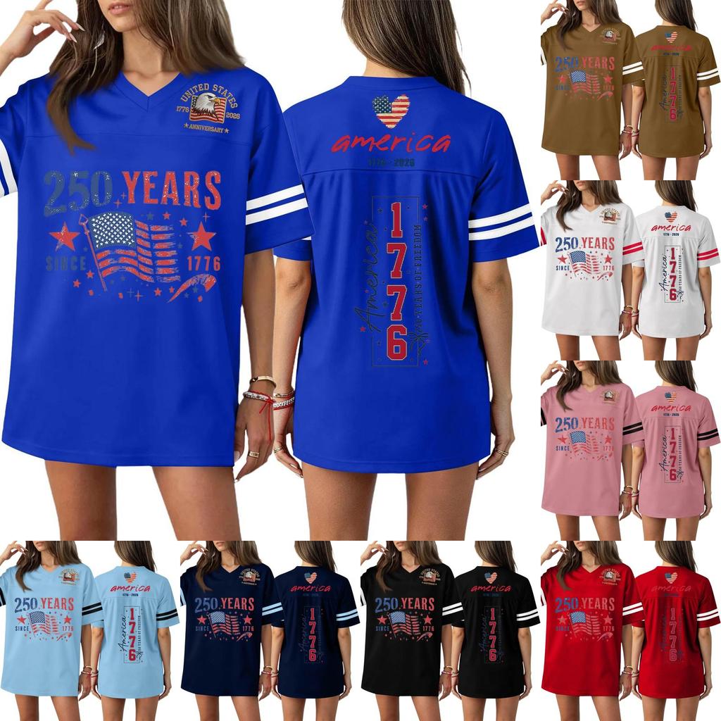 Damen Casual Mode V-Ausschnitt Sport Unabhängigkeitstag Druck Kurzarm Sport T-Shirt Top