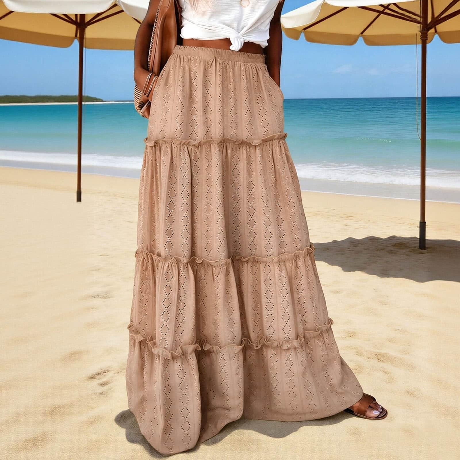 Women’s Tiered Maxi Skirt High Waist Eyelet Embroidered Long Skirt Elastic Waistband Flowy A Line Casual Skirt XXL бежевый