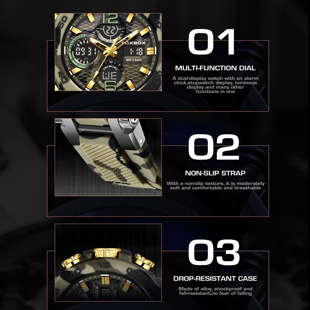FOXBOX Orologio da Uomo Militare Mimetico Sportivo Orologio da Polso da Uomo Doppio Display Impermeabile Orologio Digitale da Uomo