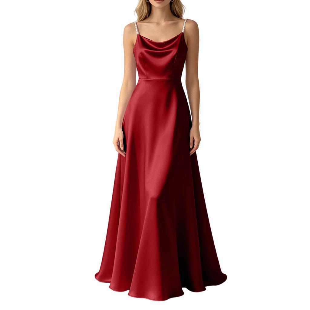Sleeveless Satin Long Dress with Beaded Spaghetti Straps Floor Length Slim Fit Evening Gown Elegant Formal Occasion Dress