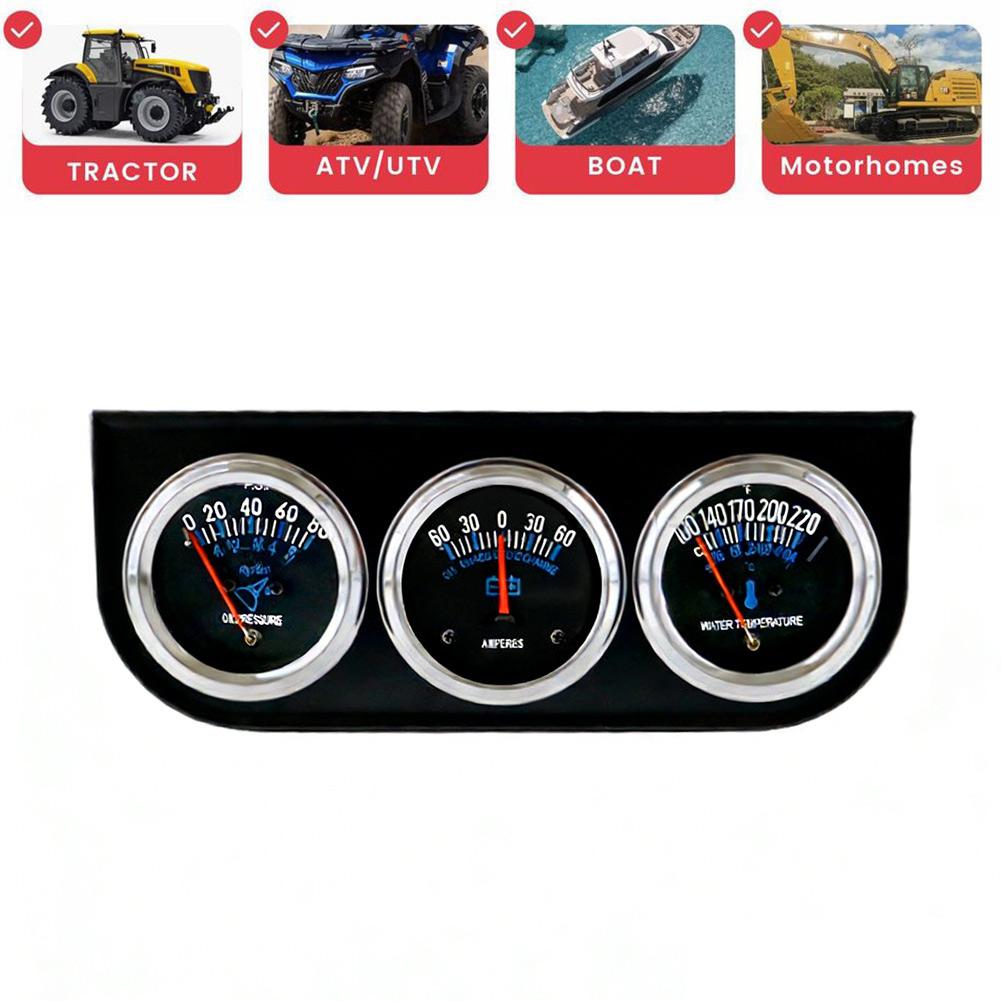 52mm 24V Triple Gauge Cluster Compact Design Fits 52mm Dashboard Cutout Water Temp Oil Pressure Fuel Level Metal
