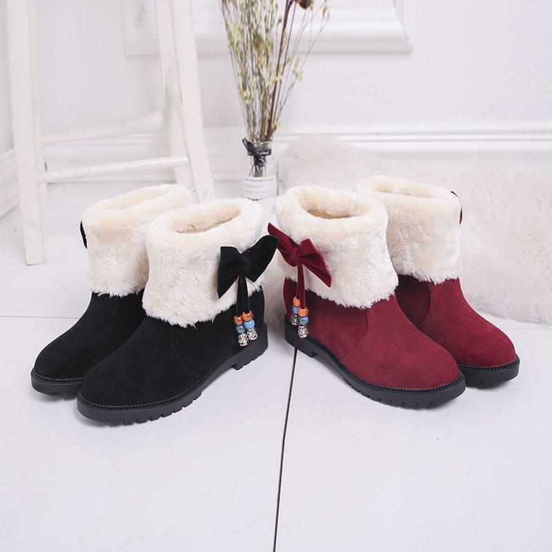 Winter Snow Boots Women's New Round Head Flat Bottom Bow Cotton Shoes Short Tube Velvet Student Women's Boots