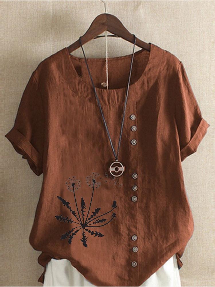 Women's Fashion Black Dandelion Print Shot Sleeve T-shirt Loose Cotton Shirt Casual Loose Summer Blouse Tops Plus Size