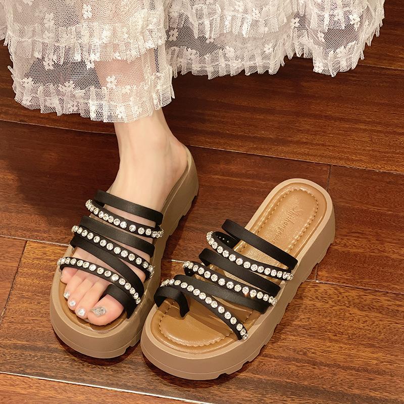 Fashion tribal rhinestone slippers women's summer wear 2025 new fairy style with skirt one-word open-toe sandals