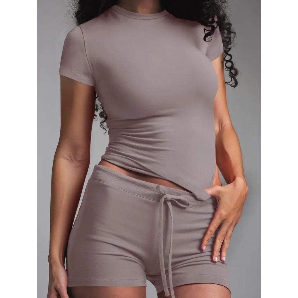 Set Pigiama da Donna 2 Pezzi Comodo Casual Girocollo Manica Corta T-Shirt + Pantaloncini con Coulisse Pigiami Stagione Unica Loungewear