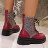 Retro Red Bling Shiny Boots for Women Lace Up Plus Size Ankle Boots Woman Spring Autumn Round Toe Thick Bottom Botas Mujer