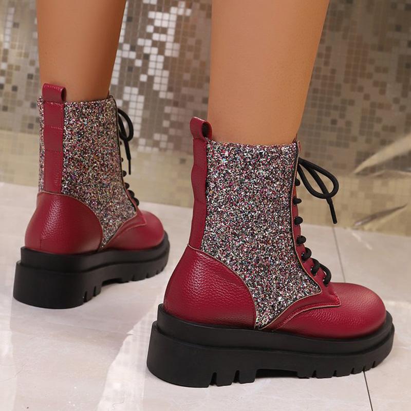 Retro Red Bling Shiny Boots for Women Lace Up Plus Size Ankle Boots Woman Spring Autumn Round Toe Thick Bottom Botas Mujer