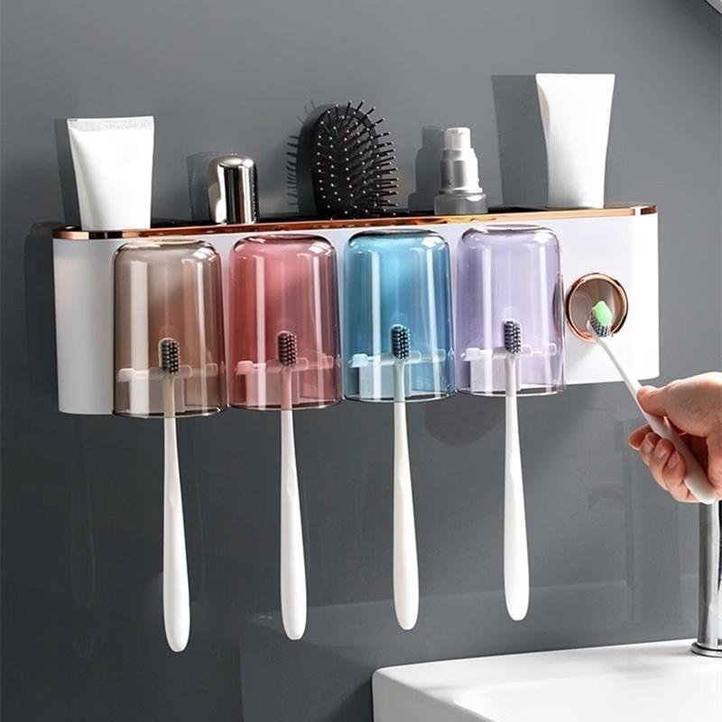 Punch-Free Wall-Mounted Toothbrush Holder with Cups & Dispenser
