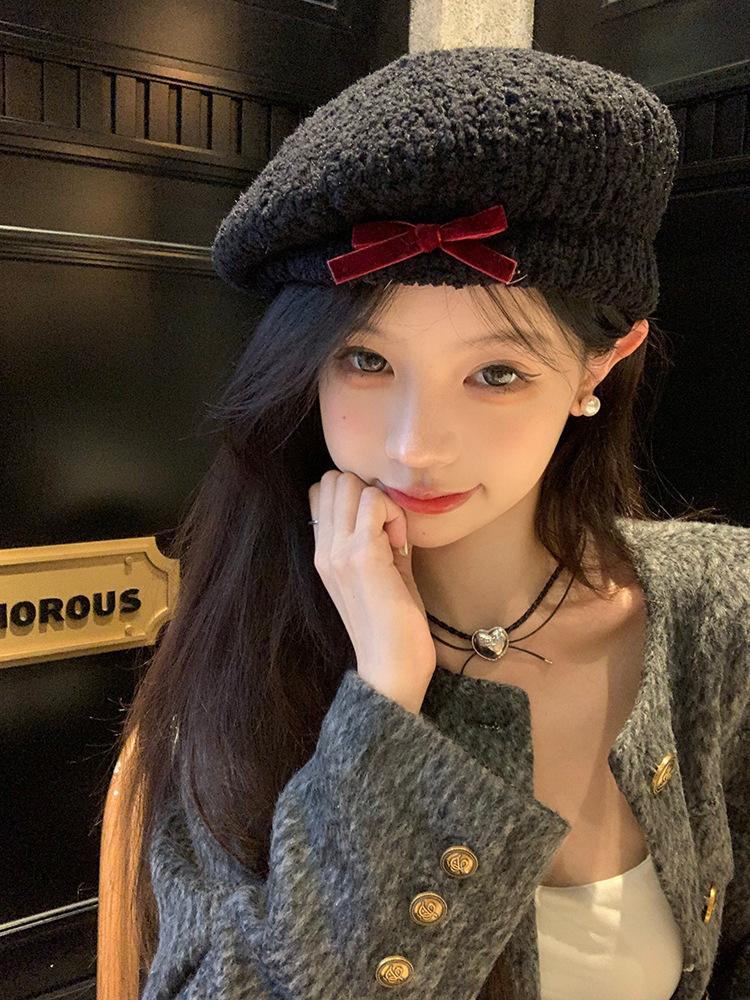 

Женский белый берет с милым дизайном в виде бантика для женщин, идеально подходящий для осени и зимы чёрный